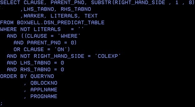 DSN; predicat table, query1-DB2-z-OS-literal-replacement